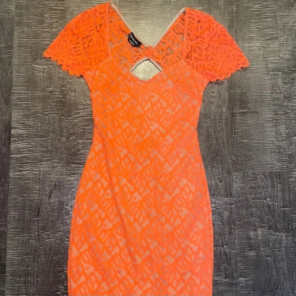 BEBE Vibrant Orange Lace Mini Dress